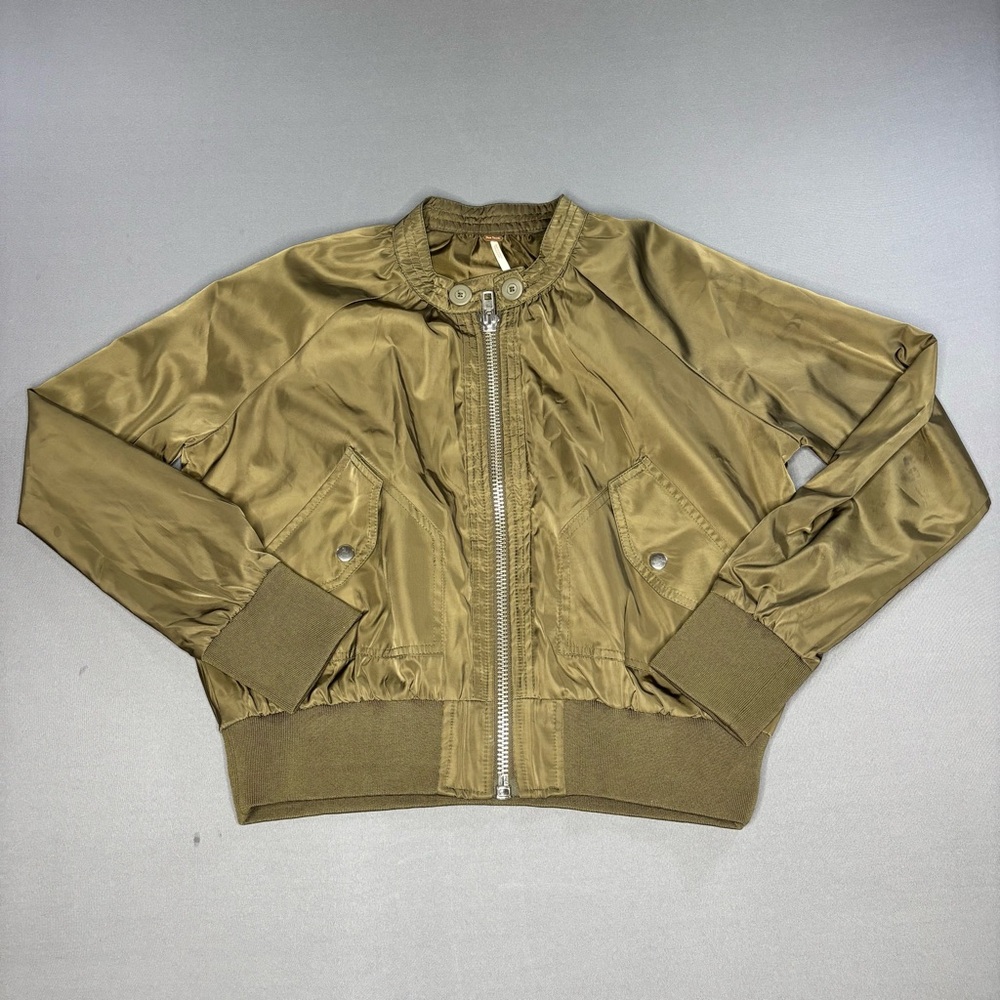 Free People Jacket Womens Extra Small Olive Green Midnight Bomber Satin Boho XS